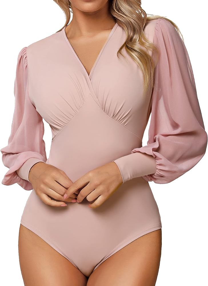 Marvmys Women Long Sleeve Bodysuit Sexy V Neck Going Out Blouse Body Suit