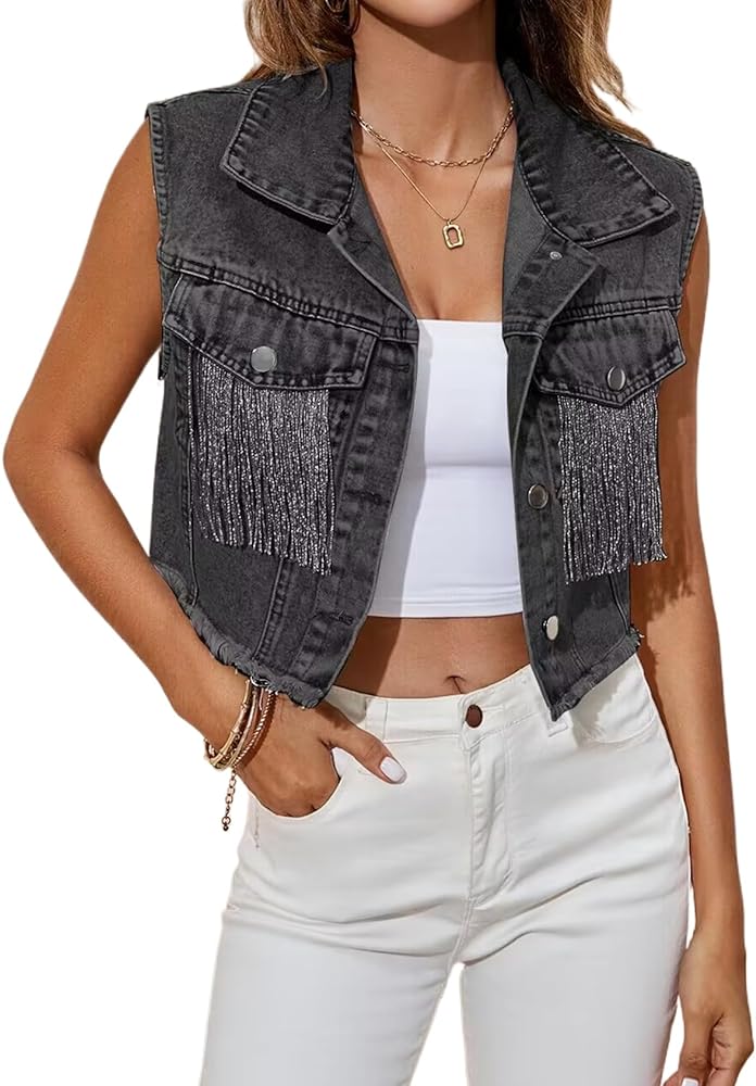 Kissonic Women's Fringe Distressed Denim Vest Y2k Crop Frayed Hem Sleeveless Jean Jacket