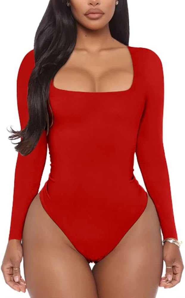 YMDUCH Women's Sexy Long Sleeve Square Neck Leotard Bodysuit Tops Jumpsuits