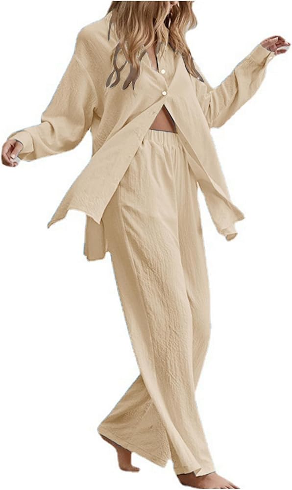 linen outfits for women 2 piece set plus size button down long sleeve shirts&wide leg pants set casual loungewear set