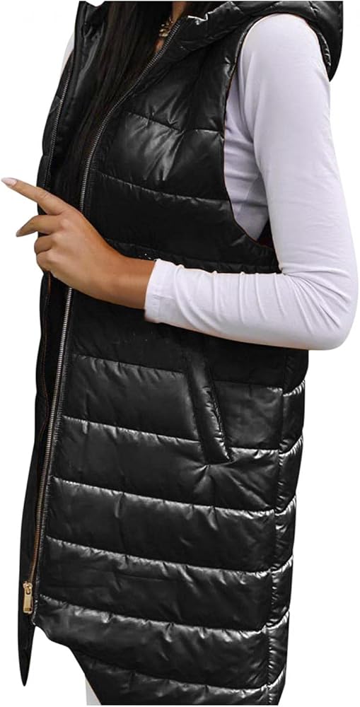 Women's Hooded Long Down Vest Full-Zip Sleeveless Puffer Vest Lightweight Fashionable Winter Coats Jackets Plus Size