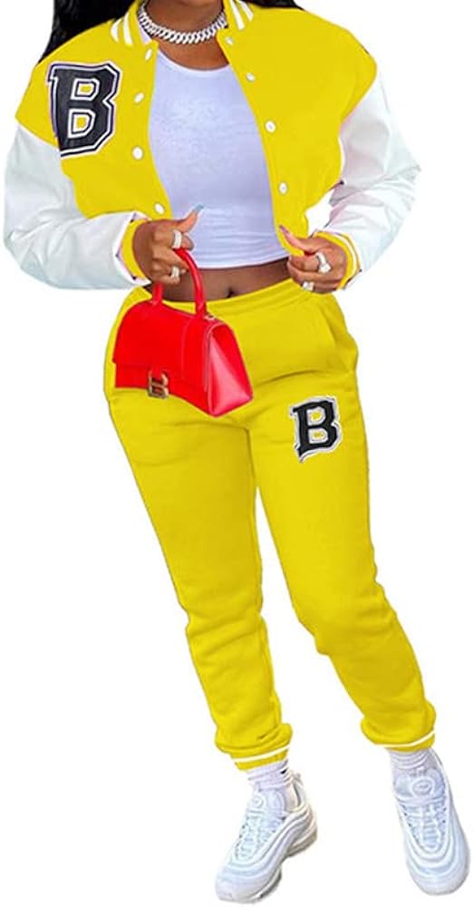 LROSEY Women's 2pcs Crop Baseball Jacket Tracksuit and Jogger Pants Varsity Outfit Letter Bomber Coat Sweatpants Set