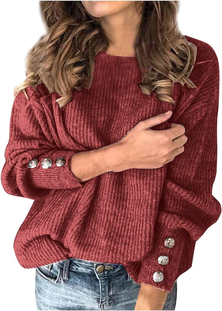 Women's 2023 Fall Winter Long Sleeve Knit Sweater Plus Size Causal Turtleneck Button Slouchy Loose Chunky Pullover Top