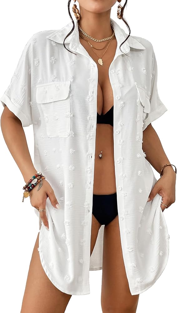 Bsubseach Swimsuit Coverup for Women Button Down Beach Shirt Swiss Dot Bathing Suit Cover Up Blouse with Pockets