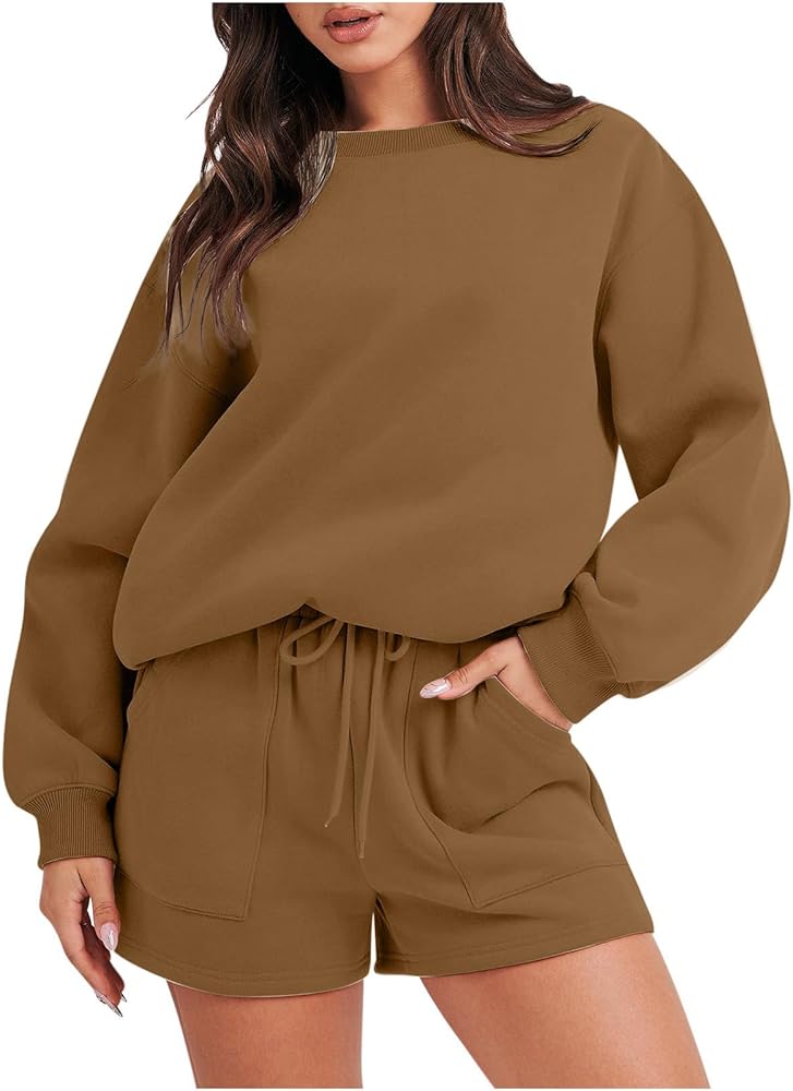 My Orders Plus Size 90S Outfits for Women Sweatshirt Sets for Women 2 Piece Shorts Hoodie Set Sport Shorts with Pockets 2023 Fashion Trends Women Outfits Coffee Medium