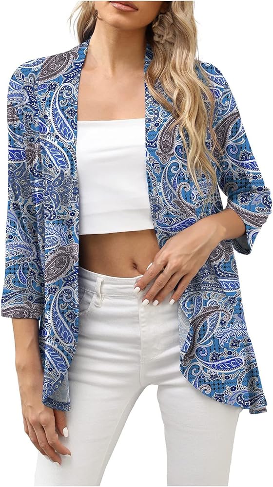 Womens Summer Cardigan Open Front 3/4 Sleeve Casual Loose Fit Beach Cover Ups Resort Wear for Women 2024