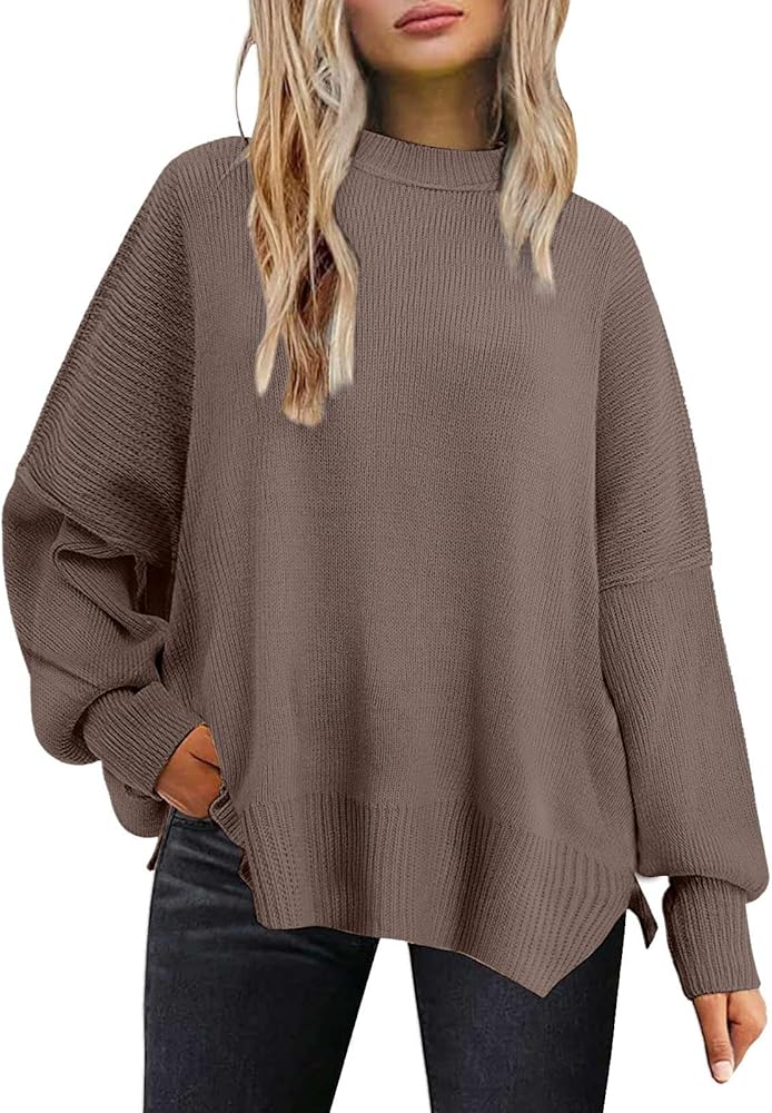 Oversized Sweaters for Women Cute Button Henley Batwing Long Sleeve Round Neck Chunky Side Slit Pullover Jumper Tops