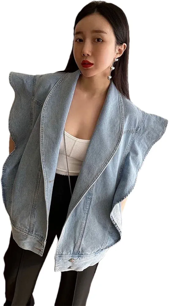 Vintage Lapel Waistcoat Women Ruffled Loose Washed Blue Denim Vest Sleeveless Jacket