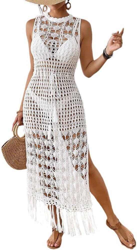 Womens Long Dress Sleevless Bikini Cover Up Crochet Beach Dress Bathing Suit Outfits Hellow Out Sheer Swimwear Cover Ups