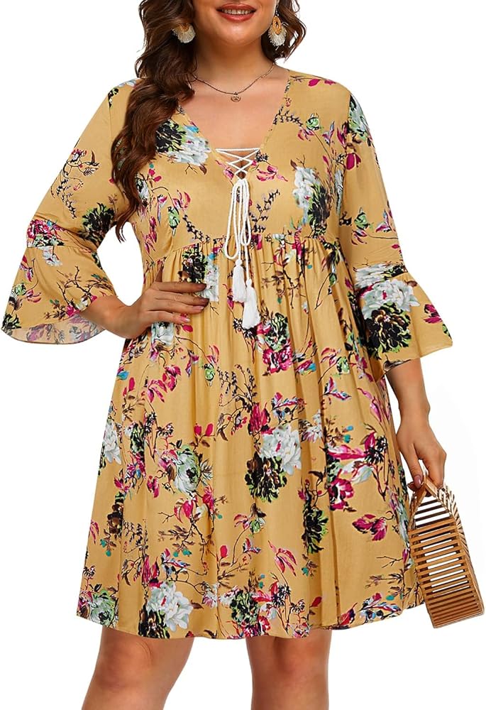 Women's Plus Size Boho Dress Floral V Neck Tassel Bell Sleeve Casual Summer Beach Flowy Mini Dress