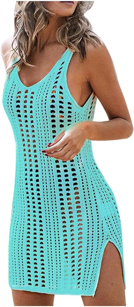 Women's Knit Crochet Swimsuits Cover-Ups Solid Sleeveless V Neck Beach Dresses Slit Side Sarong Wrap Bathing Suit