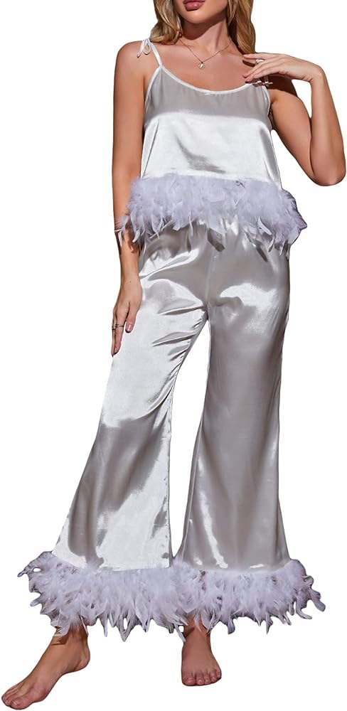 GORGLITTER Women's Fuzzy Satin Pajama Set Tie Shoulder Sleeveless Cami Top And Pants Lounge Set