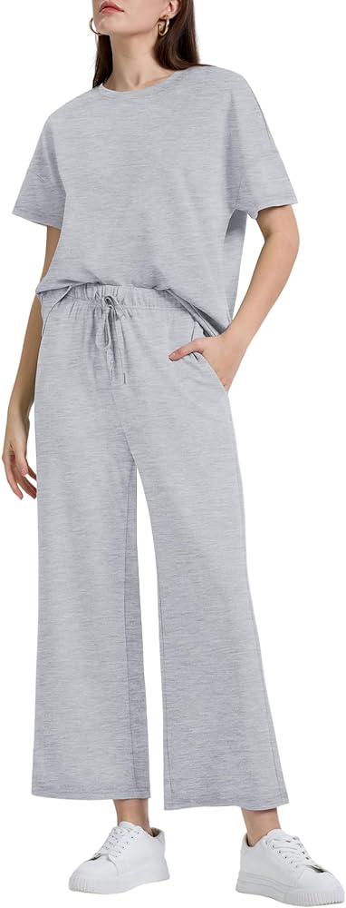 XIEERDUO Womens Pajama Sets 2 Piece Summer Sets For Women Matching Sets Women Clothing Crewneck Shirts And Pants Light Grey 2XL