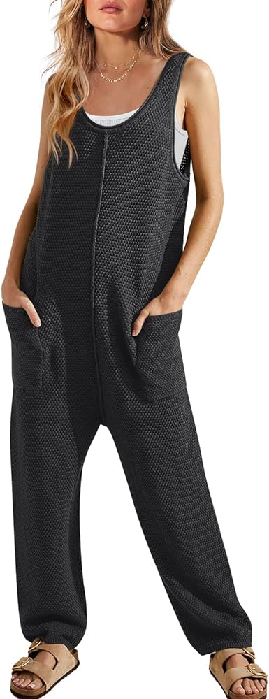 SENSERISE Womens Sweater Jumpsuit Ribbed Knit Sweater Romper One Piece Loungewear Sleeveless Long Pants Overalls with Pockets