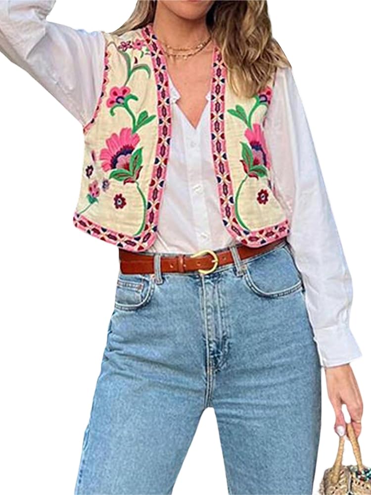 Linen Vest for Women Y2k Vintage Embroidery Floral Vest Crochet Open Front Cardigan Vests Tops Loose Waistcoat Jacket