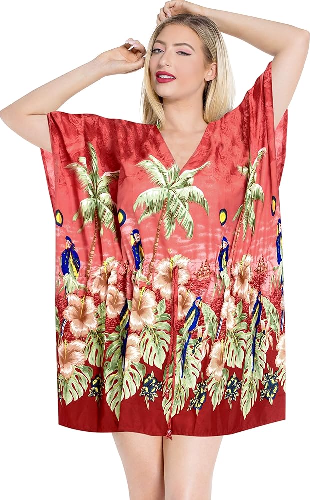 LA LEELA Women's Beachwear Summer Swim Beach Dress Cover Ups for Swimwear Women Plus Size Wear Swimsuit Coverups for Women Cover-Up for Women 3X-4X Tart, Parrot