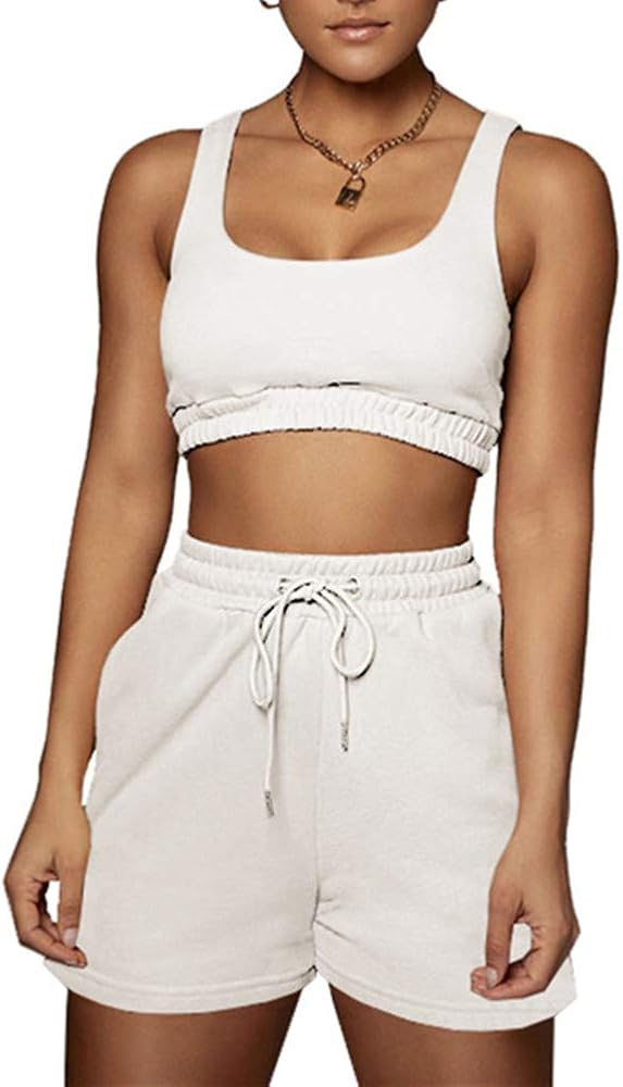 Yeshire Womens Summer Casual 2 Piece Outfit Ribbed Crop Tank High Waist Shorts Yoga Outfits