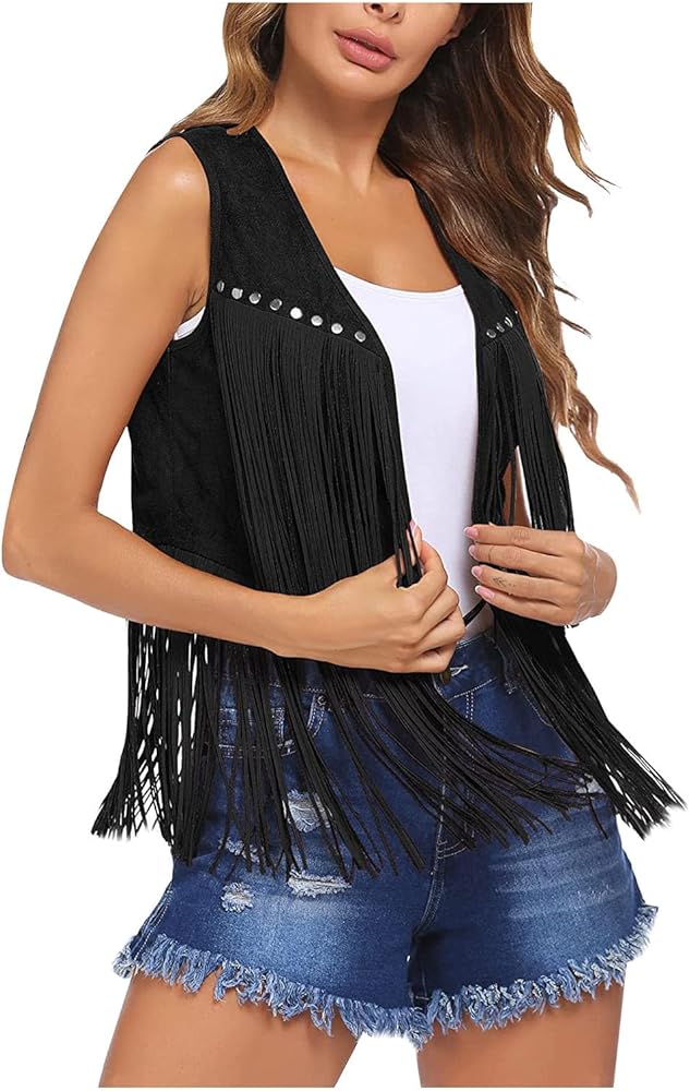 Women's Fringe Faux Suede Jackets 2023 Fashion Sleeveless Cropped Tassel Motorcycle Vest Jacket Coats Y2K Clothes