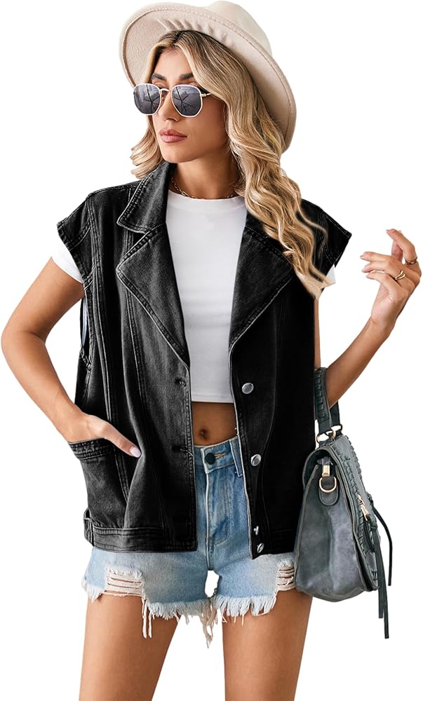 Denim Vest Jacket for Women Vintage Lapel Sleeveless Button Down Jean Vest with Pockets 2024