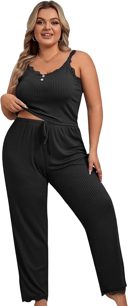 GORGLITTER Women's Plus Size Lace Pajamas Sets Button Cami Tank Top and Pants Lounge Sets Sleepwear