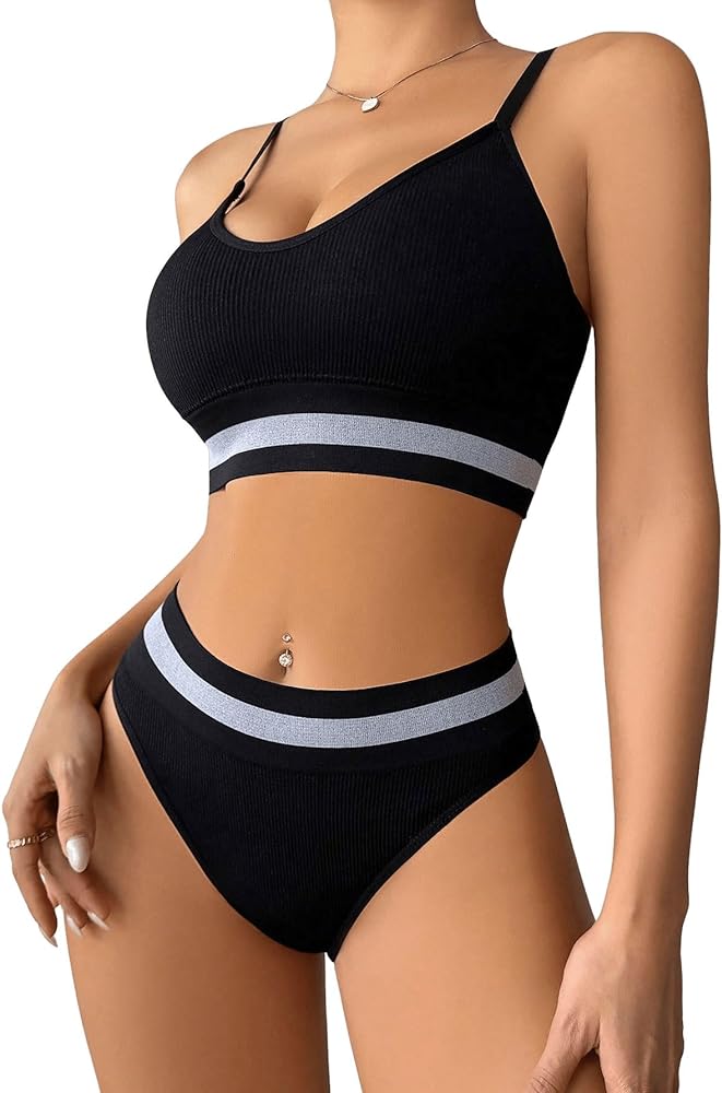 SweatyRocks Women's Mid Waisted Spaghetti Straps Color Block Ribbed Lingerie Set