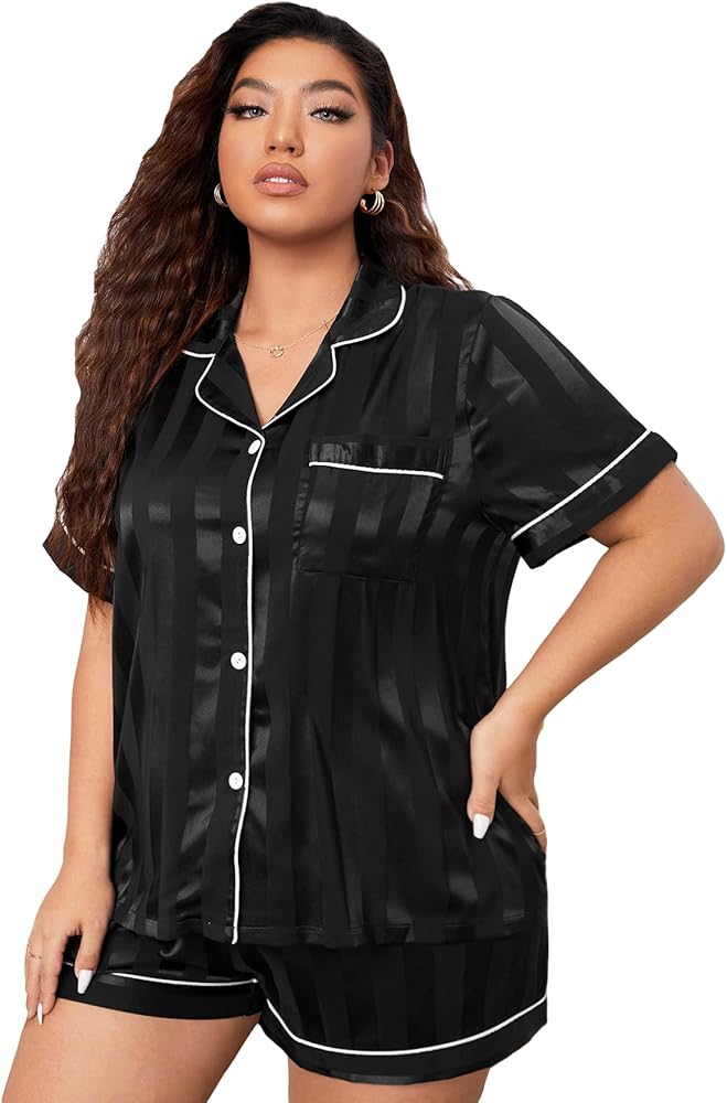 WDIRARA Women's Sleepwear Satin Short Sleeve Shirt and Shorts Pajama Set Black Striped Plus 5XL