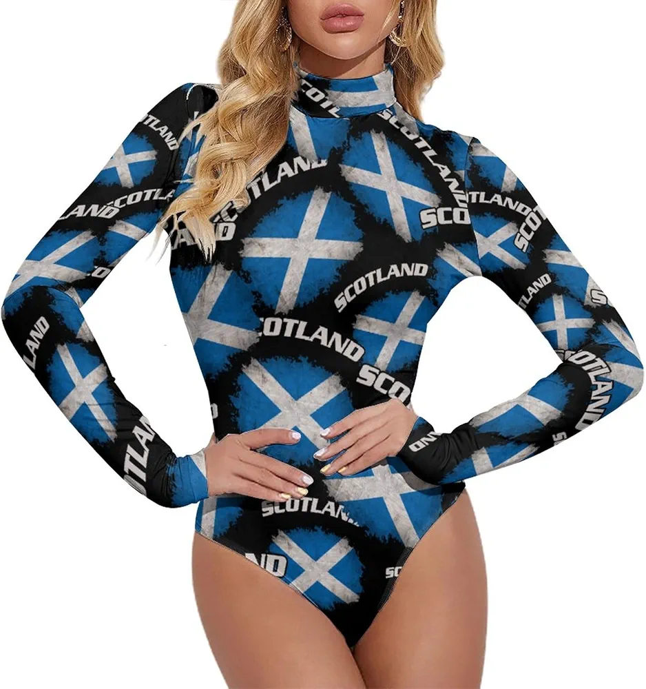 Scotland Flag Women's Sexy Bodysuit Long Sleeve Tops Mock Turtle Neck T Shirts 1-Piece