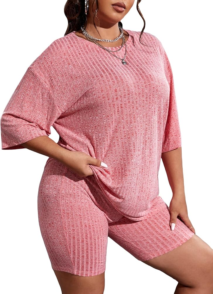 WDIRARA Women's Plus Size 2 Piece Outfit Ribbed Knit Short Sleeve Tee and Shorts Set Pink 4XL