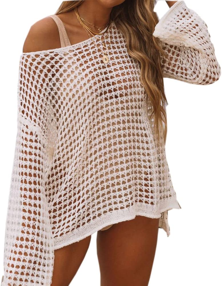 Women's Crochet Beach Cover Up Bikini Swimwear Cover Ups Sexy Long Sleeve Summer Top