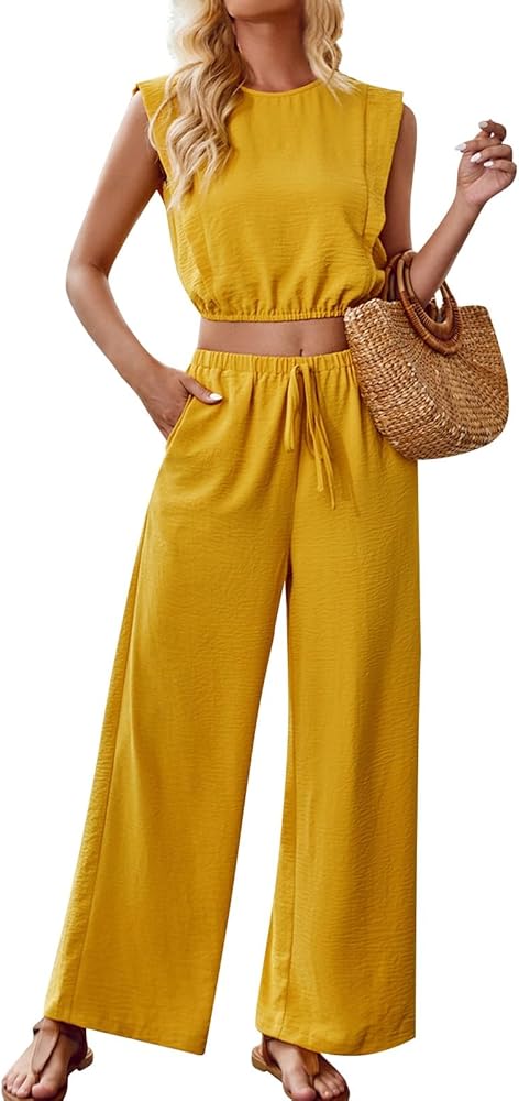 Womens Sleeveless Tops With Wide Leg Ankle Pants With Pockets Plus Size Stretch High Waisted Solid Lounge Outfits