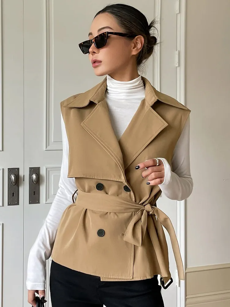 Jackets for Women - Double Breasted Belted Vest Trench Coat (Color : Khaki, Size : Small)