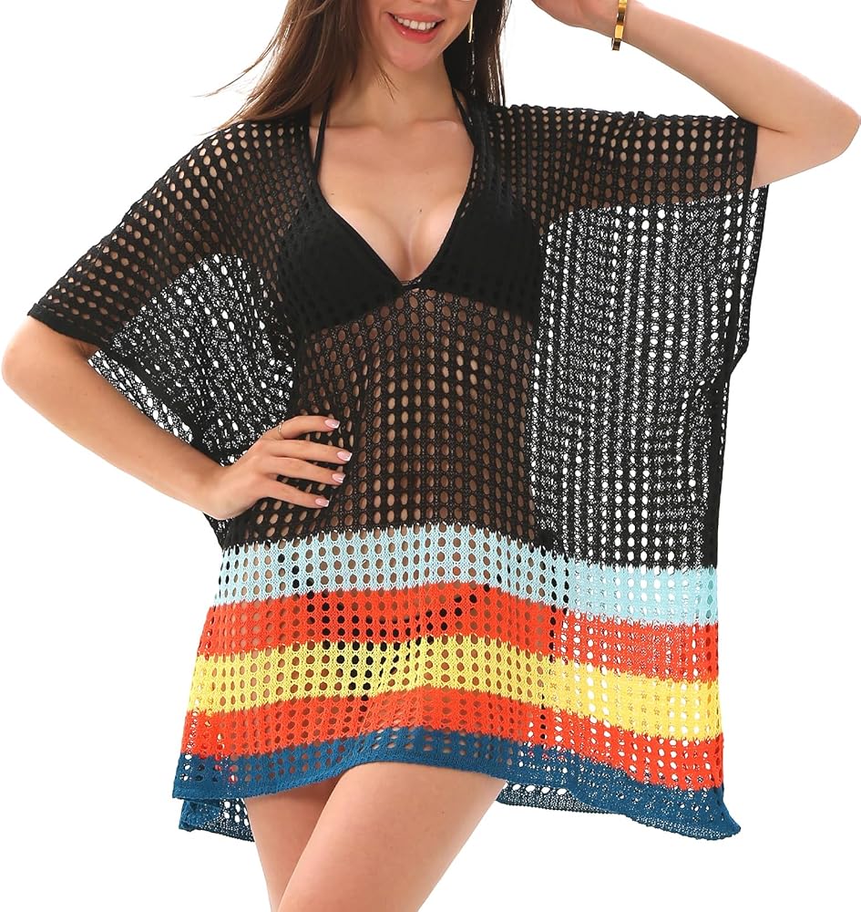 Women Swimsuit Crochet Swim Cover Up Beach Bathing Suit Swimwear Mesh Knit Short Sleeve Beach Dress Vacation