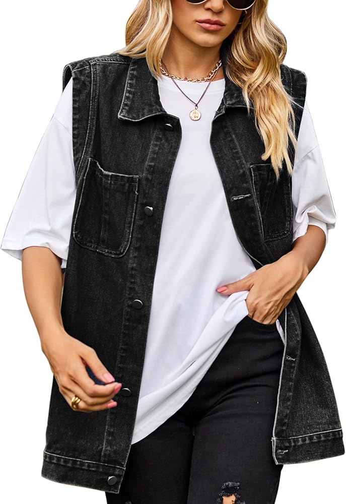 Women's Oversized Denim Vest Button Up Jean Jacket Coat