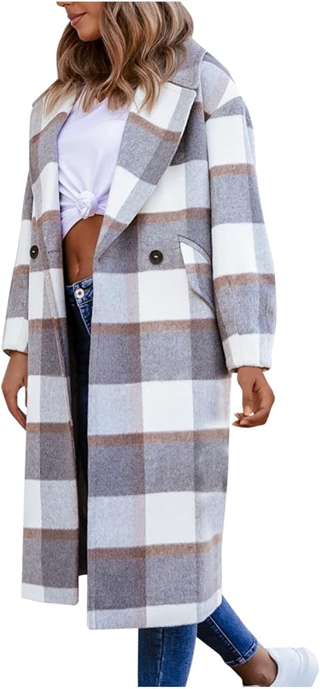 Women's Winter Coat 2023 Plaid Shacket Jacket Casual Button Wool Blend Tartan Trench Coat With Pockets, S-2XL