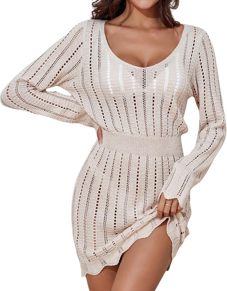 Eomenie Women's Swimsuit Coverup Crochet Hollow Out Cover Up Long Sleeve Bathing Suit V Neck Beach Dress