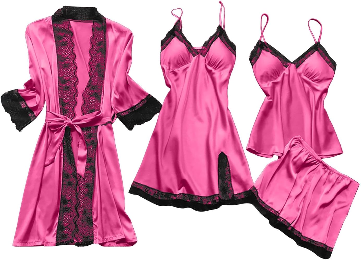 Women's Pajama Sets 4pcs Lace Trim Robes Nightgowns Cami & Shorts Lingerie Sleepwear Christmas Item