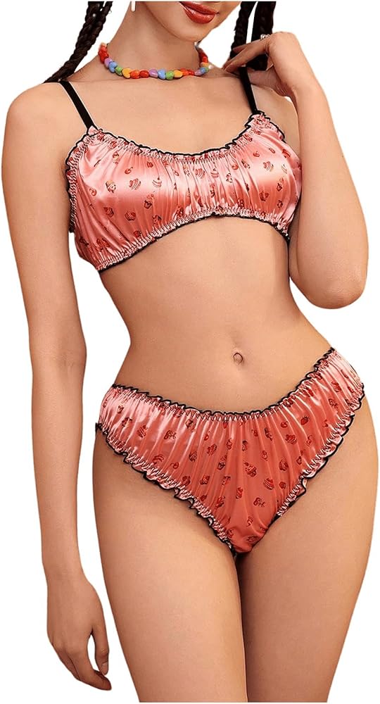 SOLY HUX Women's Silk Satin Lingerie Set Bralette and Panty Cute Underwear Sets