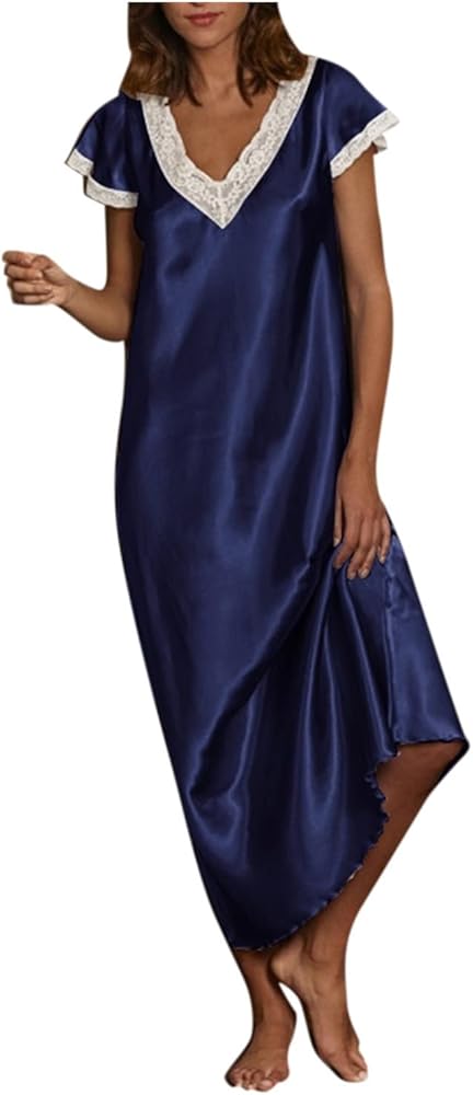 Women Long Satin Lingerie Nightgown Silk Slips Dress Sexy Lace V Neck Sleepwear Long Dress Short Sleeve Sleep Dress