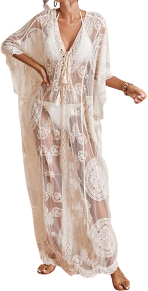 Fronage Women's Lace Kimono Swimsuit Cover Ups Mesh Sheer Swimwear Cardigan Maxi Dress See Through Bikini Beach Coverups