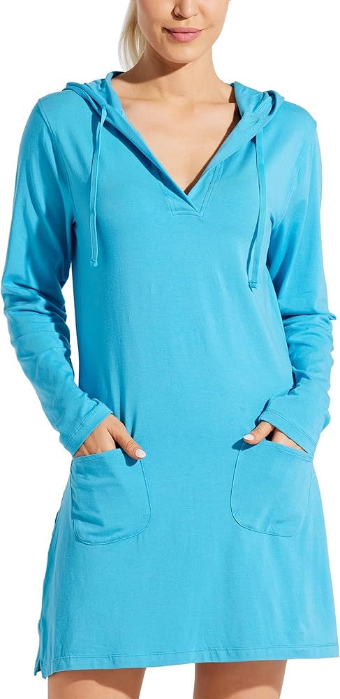 Willit Women's Long Sleeve Cotton Swim Cover Up UPF 50+ SPF Dress Hooded with Pockets Sun Protection Beach Coverup