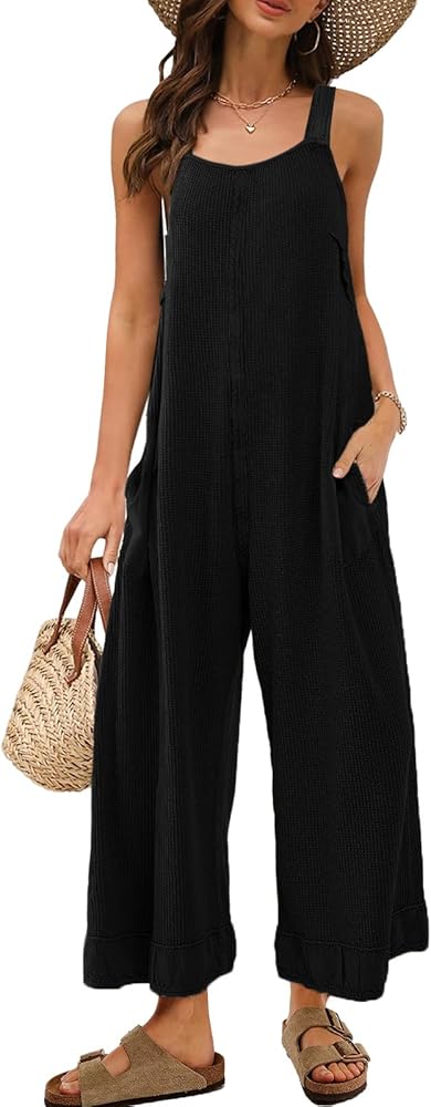 Panadila Womens Open Back Wide Leg Jumpsuits Sleeveless Waffle Knit Romper Loose Fit Overalls with Pockets