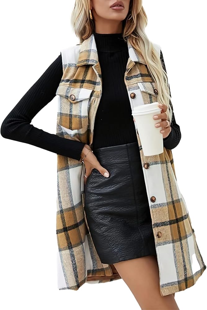 Xaspee Women's Casual Flannel Blend Plaid Button Down Sleeveless Long Vest Cardigans Jacket