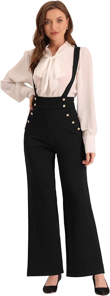 Allegra K Casual Office Overall for Women's Adjustable Straps Wide Leg Suspenders Jumpsuits