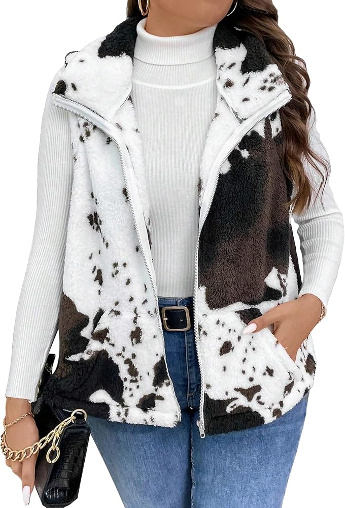 MakeMeChic Women's Plus Size Graphic Print Sleeveless Zip Up Coat Teddy Vest Jacket Outerwear