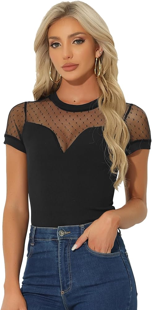 Allegra K Short Sleeve Bodysuit for Women's Mesh Panel V Neck Casual Knit Top