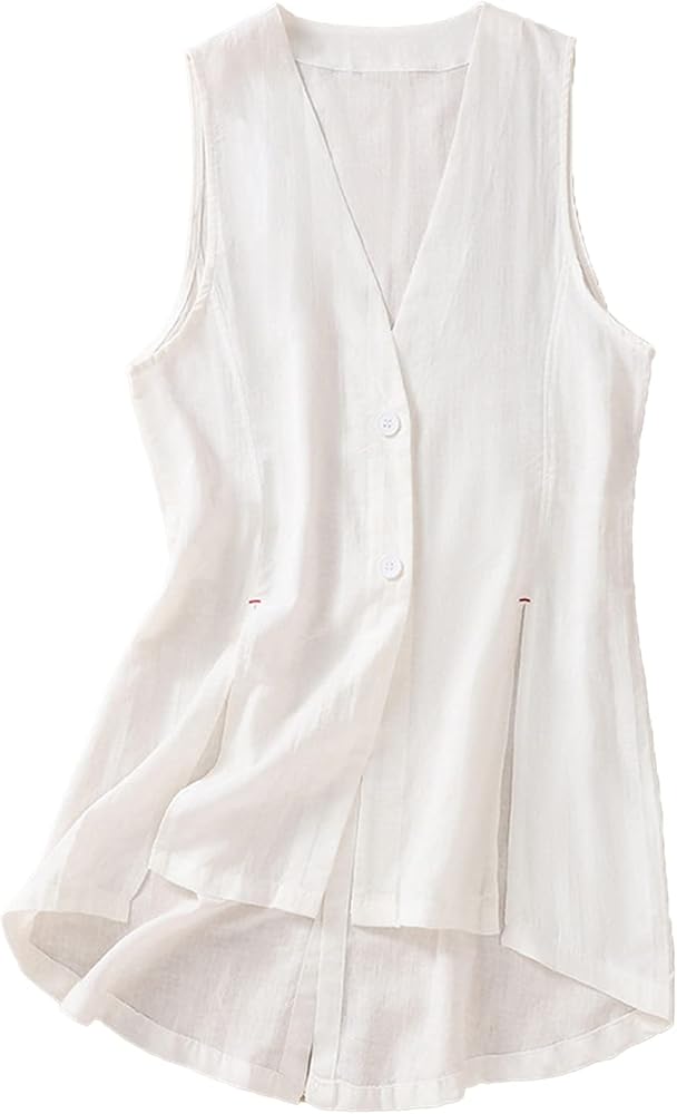 Women's Cotton Linen Vest Casual Button Down Sleeveless Jacket Split Hem Waistcoat