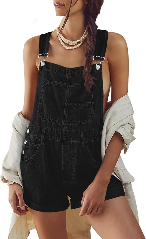 Women's Overalls Shorts Denim Bib Straps Shorts Casual Solid Color Rompers Jumpsuits With Pockets Pants