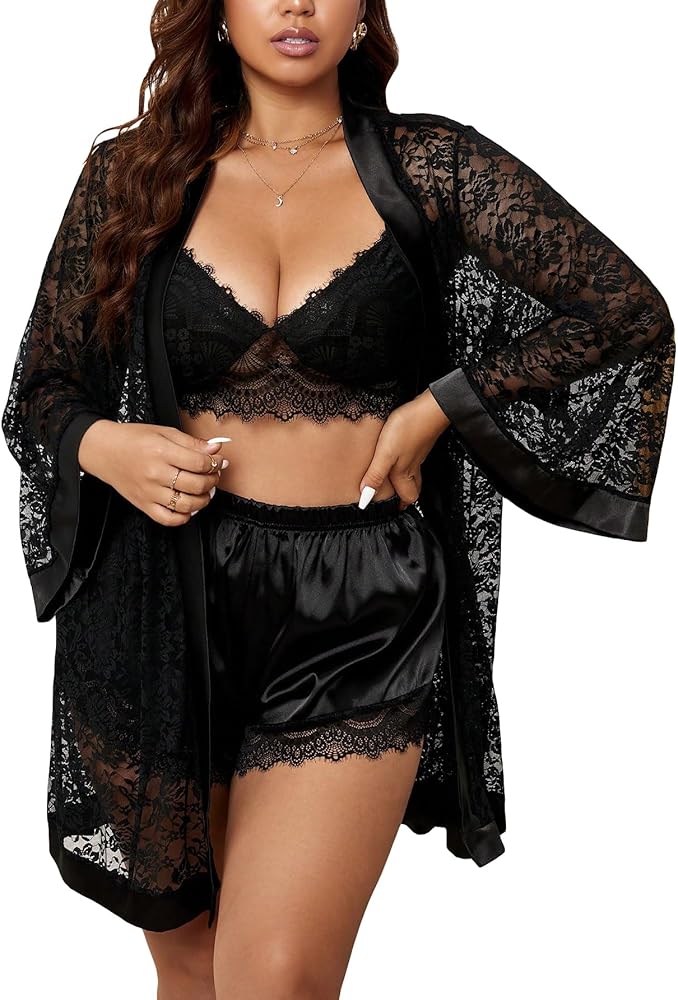 WDIRARA Women's Plus Size 3 Piece Lounge Wear Contrast Lace Cami Top and Elastic Waist Satin Shorts and Belted Robe