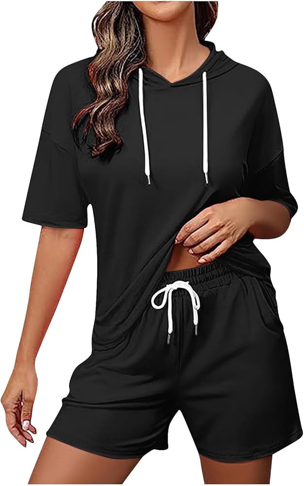 Women's Tracksuit 2 Piece Hooded Athletic Sweatsuit Short Sleeve Casual Sports Hoodie and Drawstring Shorts Set