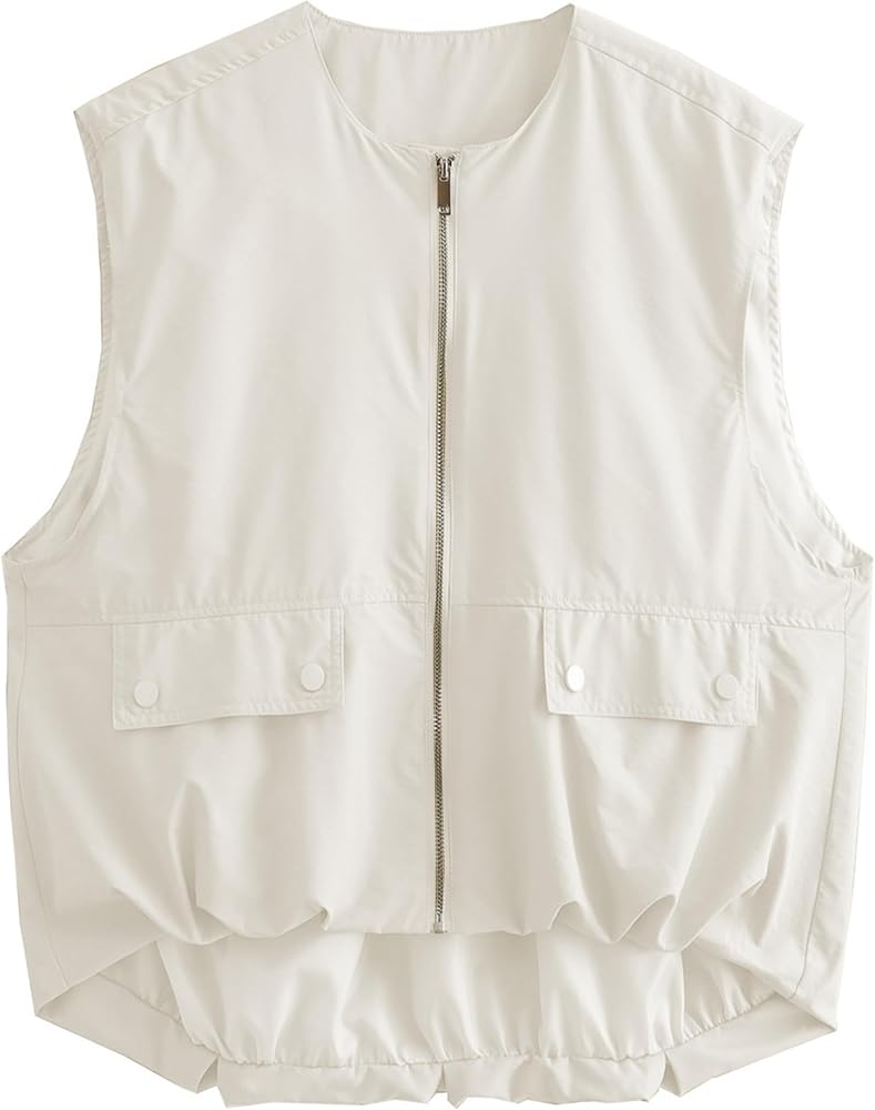 Women's Oversized Cargo Vest Casual Full Zip Up Ruched Hem Sleeveless Blazer Jackets Tops with Pockets(White,XL)